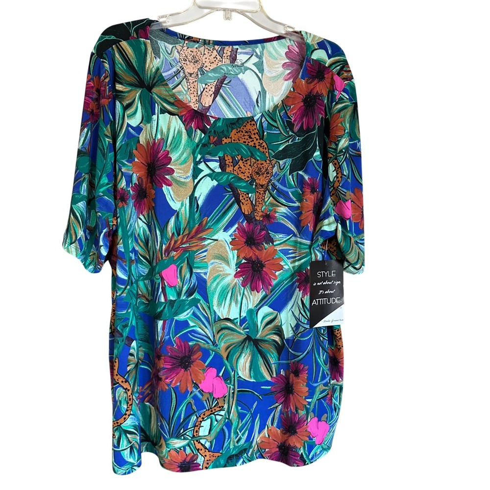 New ATTITUDES by Renee‎ 3X Tropical Leopard Floral Print Tunic Top Travel NWT